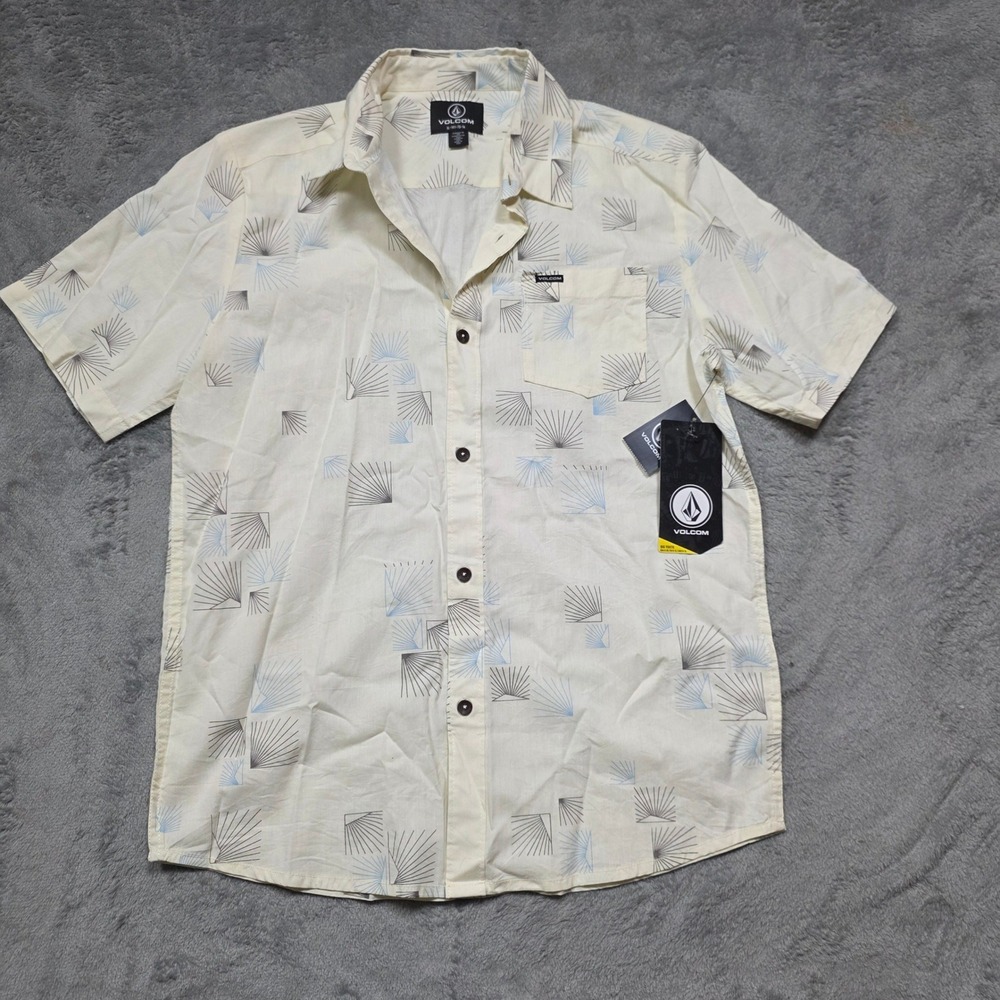 Volcom Kids Scaler Stone SS Button Down Shirt Cream Geometric C0432303 XL 14-16